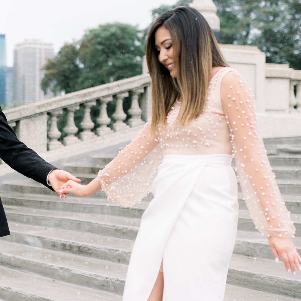 White and Nude Pearl Beaded Dress